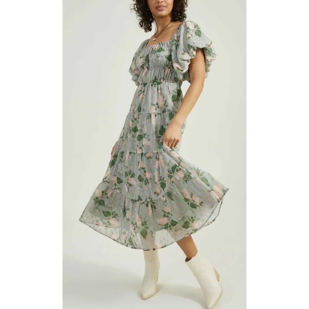 Altar'd State Caisyn Midi Dress Smocked Tiered Sage Green‎ Medium